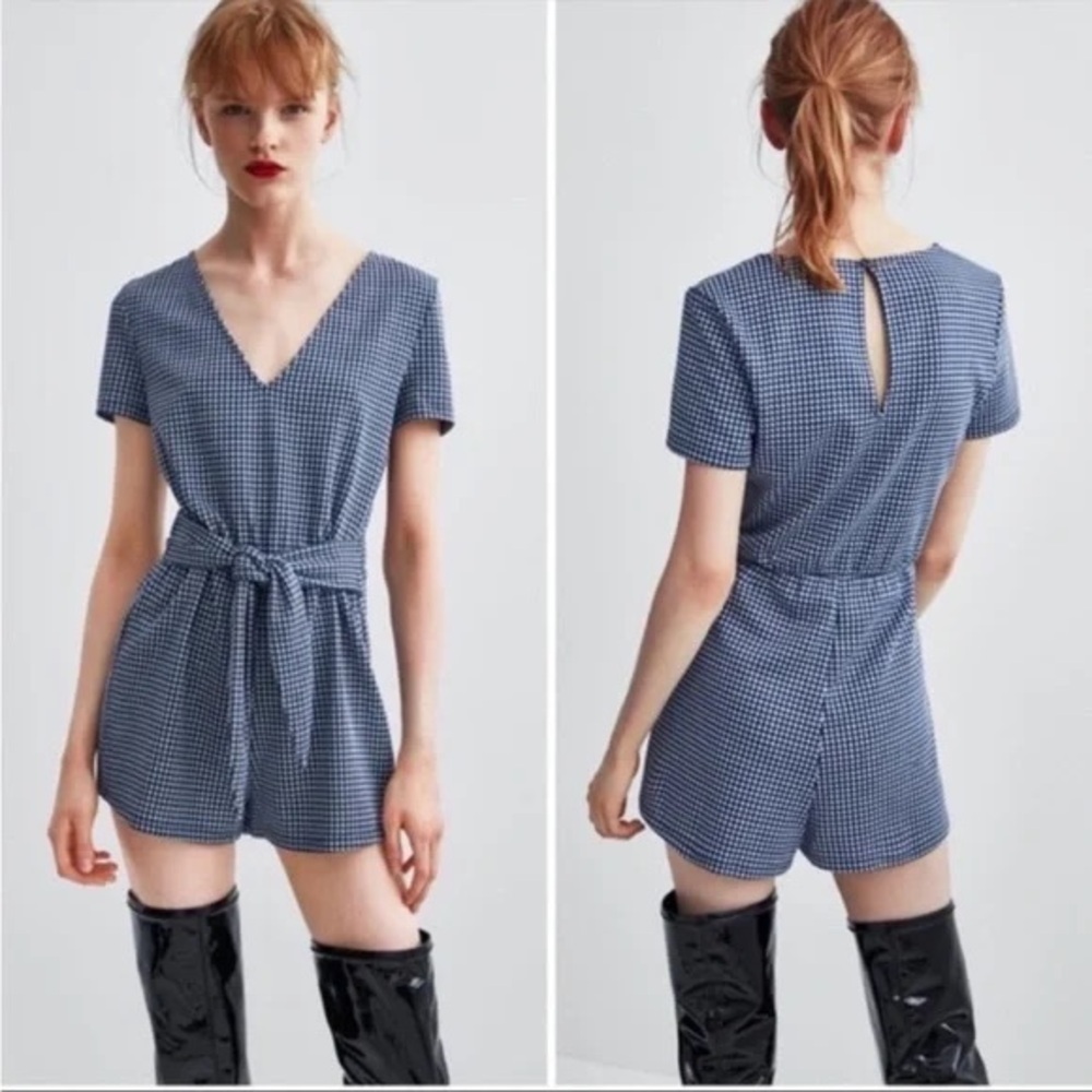Zara Trafaluc Gingham Plaid Checkered Blue White Romper size L